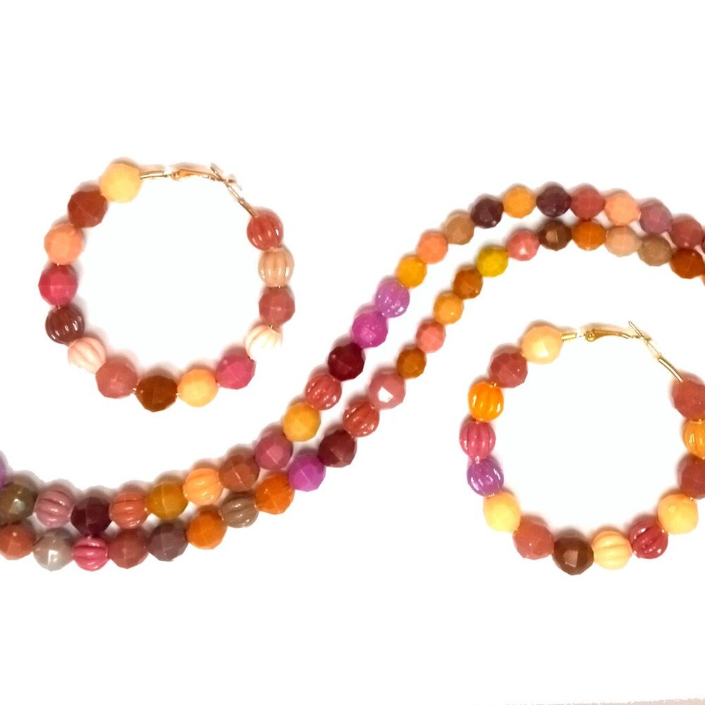 Earth-Toned Beaded Necklace & Earrings, Boho Jewelry, Beaded Jewelry Set